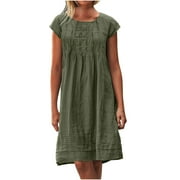 pimelu Summer Savings Clearance Summer Dresses for Women Casual Solid Linen Cotton Pleated T Shirt Midi Beach Party Sundresses Short Sleeve Plus Dresses Round Neck Sun Dress Wedding Guest